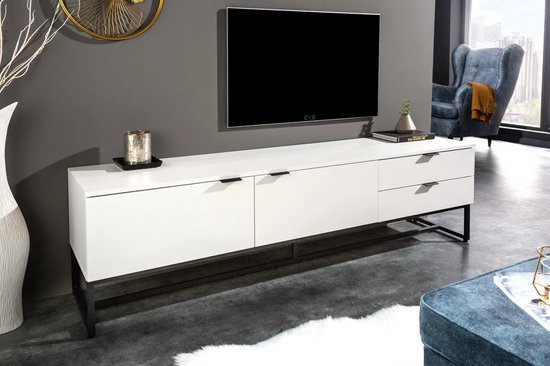 Modern tv-bord X7 180cm wit mat laag bord met zwart frame  gecoat afgeleid houtproduct
