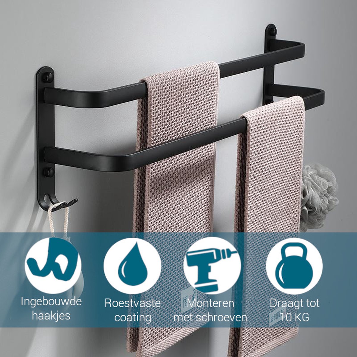 VDN Stainless Handdoekrek - Handdoekrek badkamer - Zwart - Dubbel
