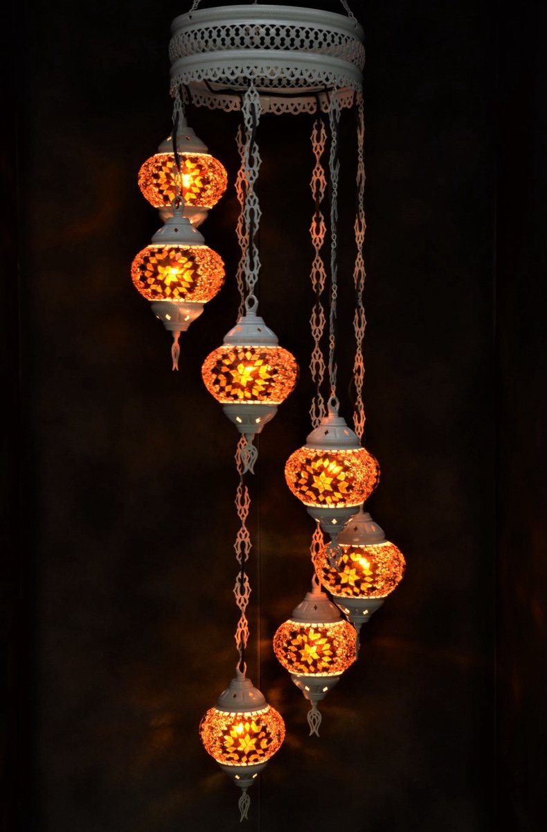 Hanglamp multicolour pastel bruin glas mozaïek Oosterse lamp kroonluchter Crèmewit 7 bollen