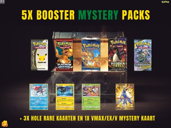Afbeelding van het spel POKÉMON MYSTERY BOOSTER BOX 5x PACKS + 1x EX/V/GX/Secret Rare VMAX + 3x Holo Rare kaarten
