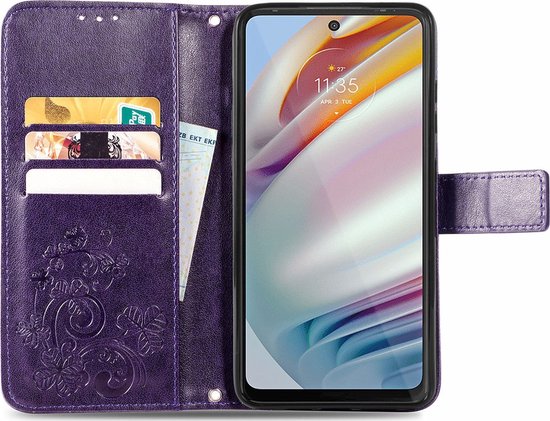 Mobigear Telefoonhoesje geschikt voor Motorola Moto G60 Hoesje | Mobigear Clover Bookcase Portemonnee | Pasjeshouder voor 3 Pasjes | Telefoonhoesje voor Pinpas / OV Kaart / Rijbewijs - Paars