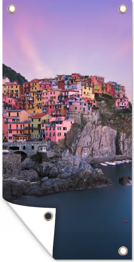 Schuttingposter Paarse lucht boven Cinque Terre in Italië - 100x200 cm - Tuindoek