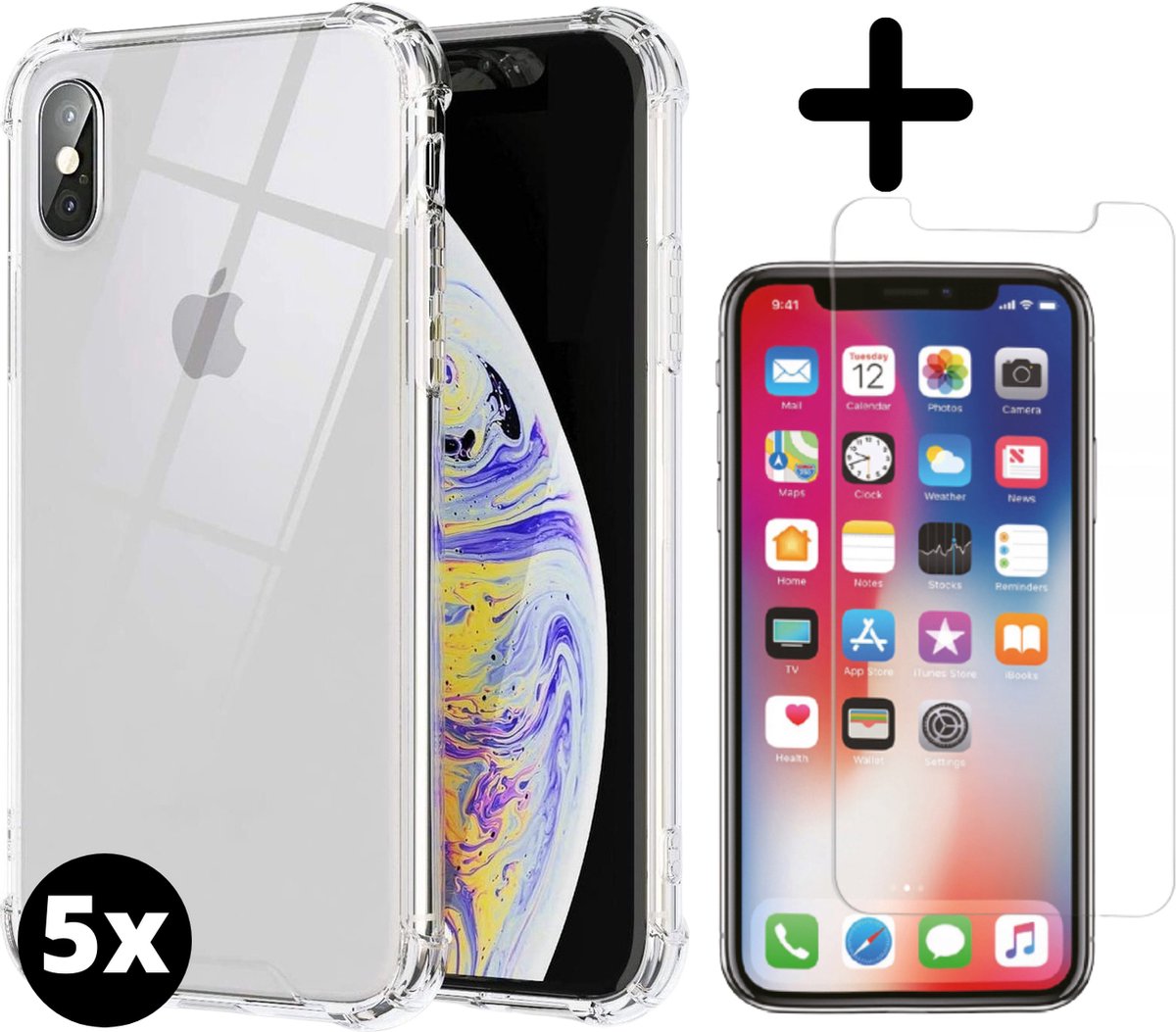 Fooniq Anti Schock Siliconen Hoesje Transparant 5x + Screenprotector 5x - Geschikt Voor Apple iPhone X