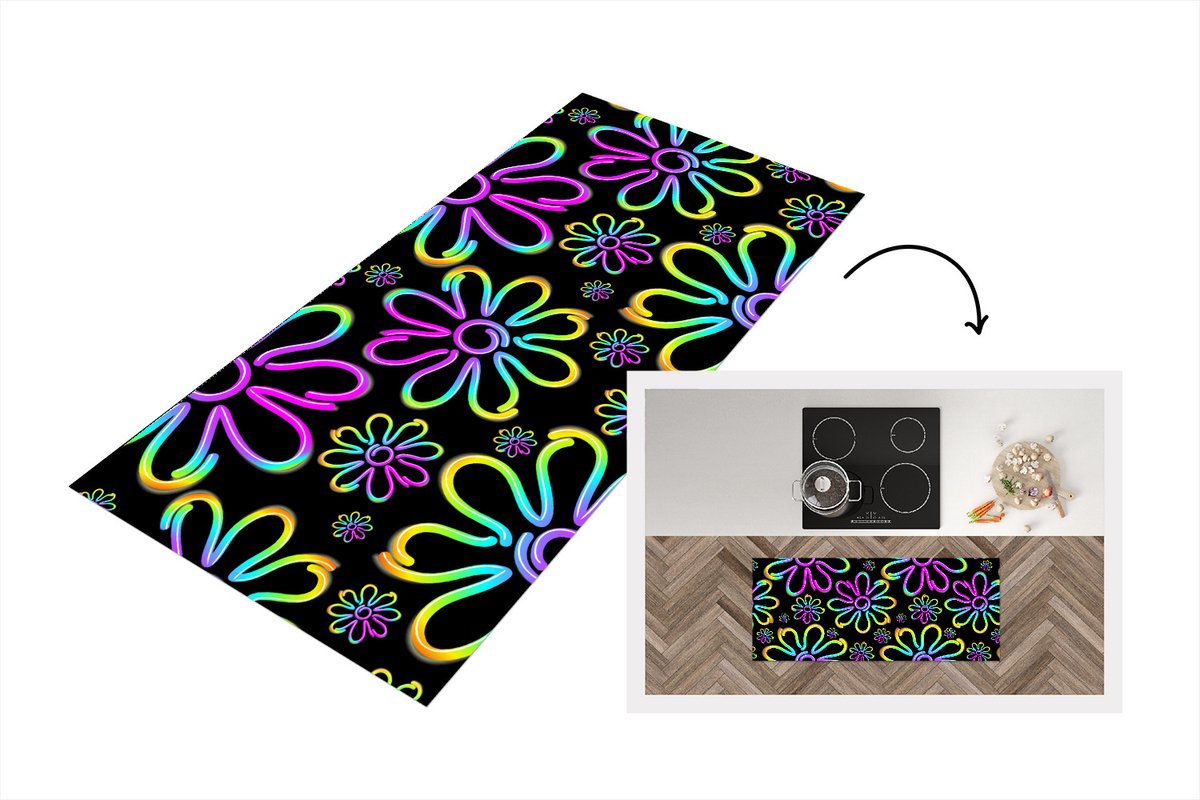 KitchenYeah Keukenloper - Loper keuken - Bloemen - Neon - Patronen - Psychedelisch - 120x50 cm - Keukenloper vinyl Multicolor