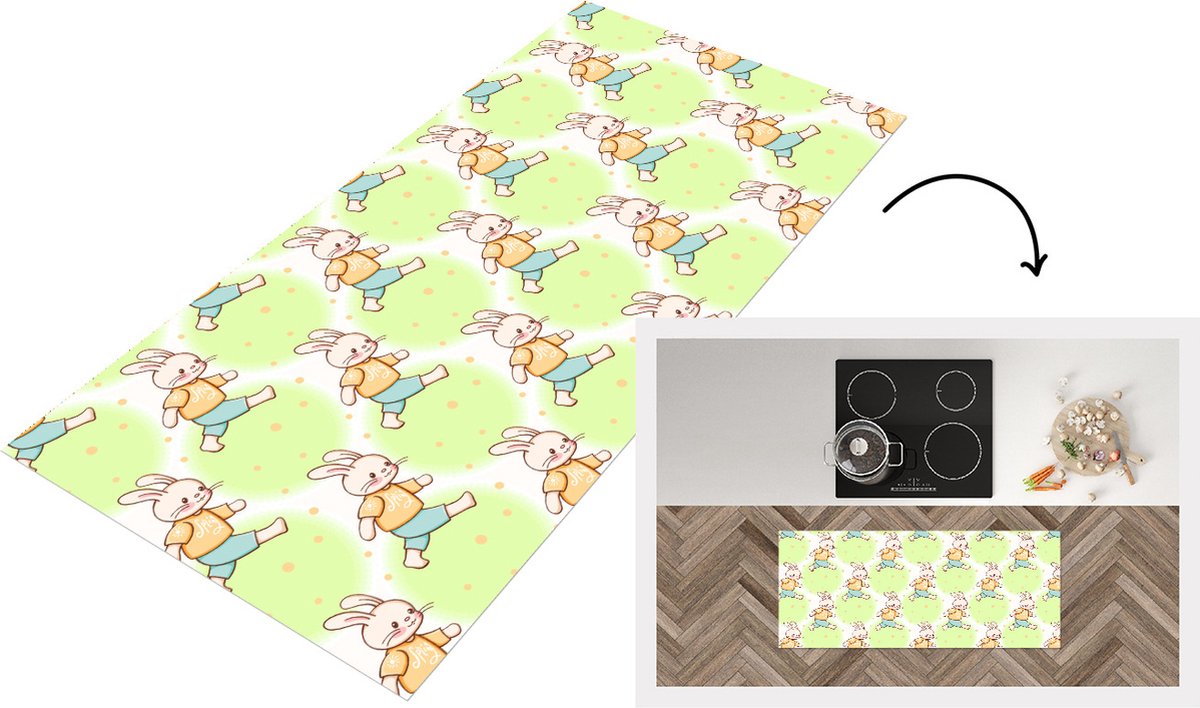 KitchenYeah Keukenloper - Loper keuken - Konijn - Patronen - Kinderen - Cartoon - 120x50 cm - Keukenloper vinyl Multicolor