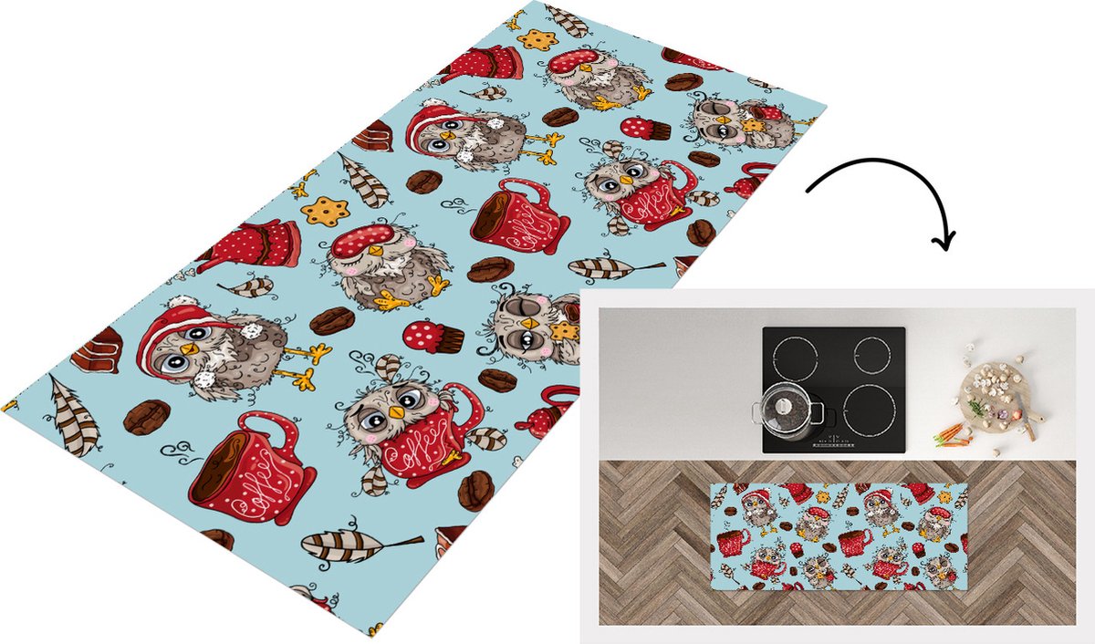 KitchenYeah Keukenloper - Loper keuken - Patronen - Uil - Ontbijt - 120x50 cm - Keukenloper vinyl Multicolor