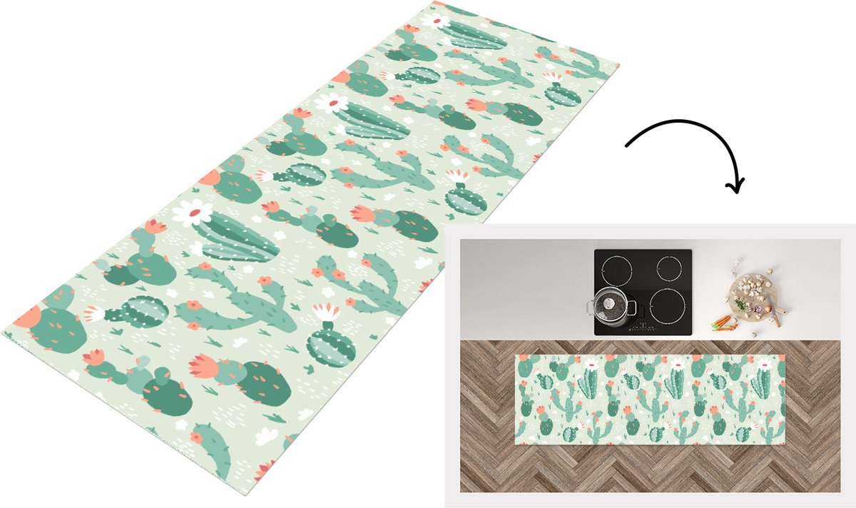 KitchenYeah Keukenloper - Loper keuken - Cactus - Patronen - Bloem - 180x60 cm - Keukenloper vinyl Multicolor