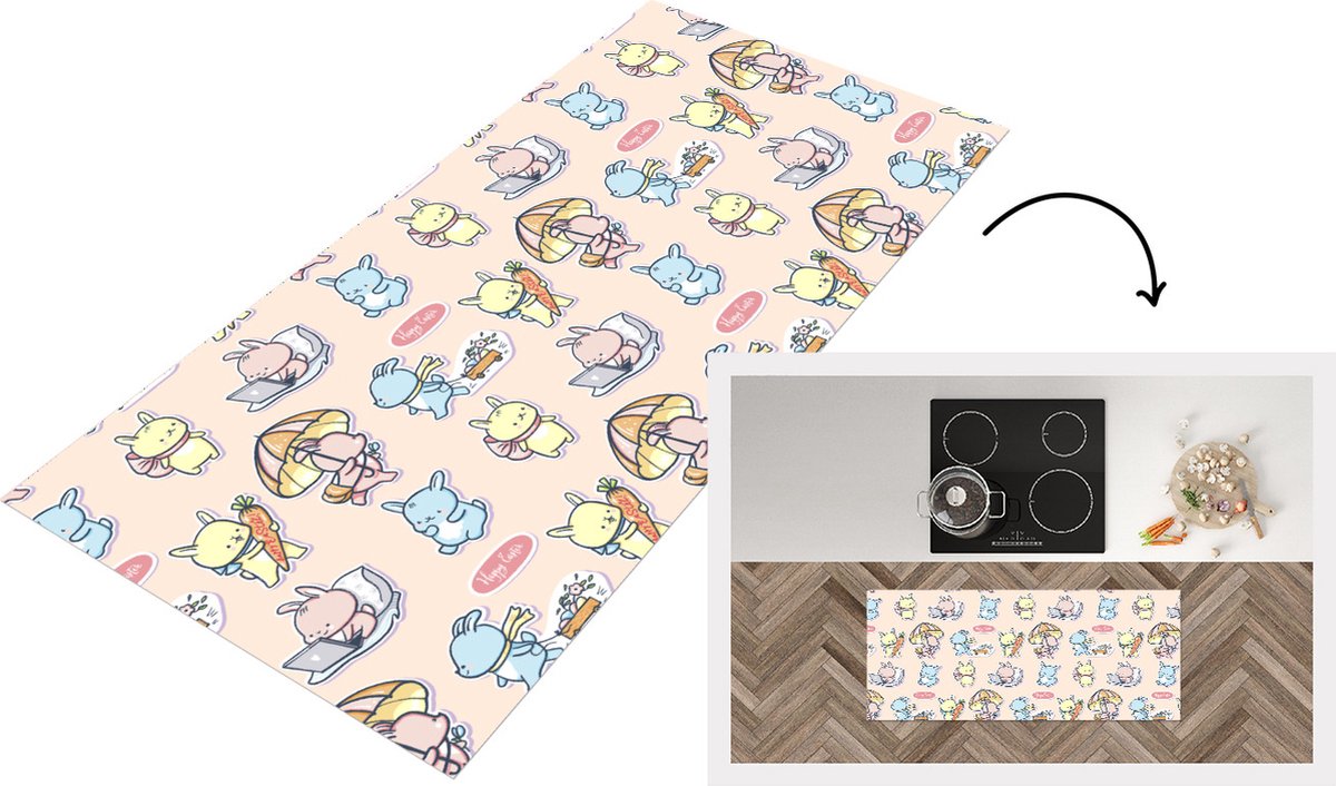 KitchenYeah Keukenloper - Loper keuken - Patronen - Konijn - Cartoon - Pastel - Kinderen - 120x50 cm - Keukenloper vinyl Multicolor
