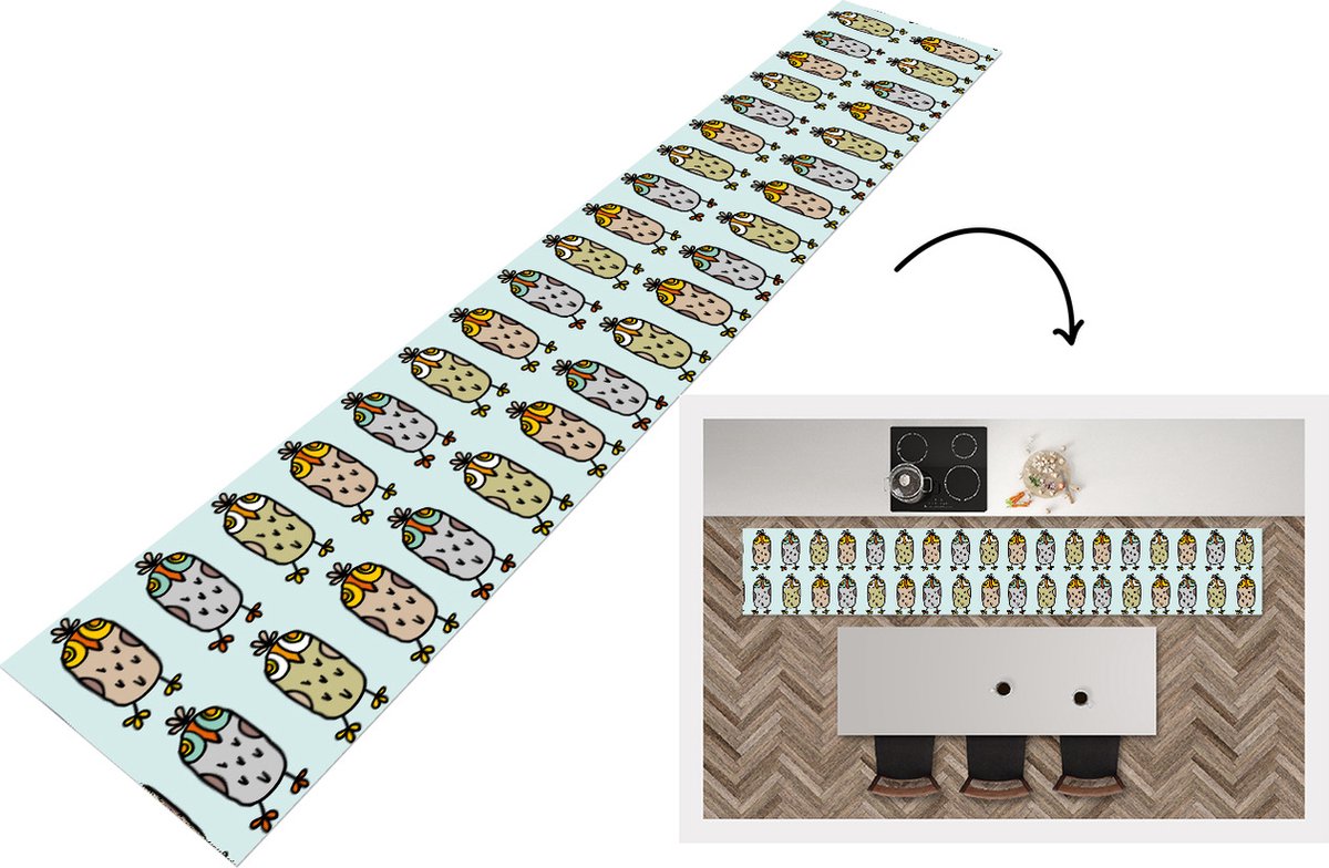 KitchenYeah Keukenloper - Loper keuken - Patronen - Uil - Blauw - 300x50 cm - Keukenloper vinyl Multicolor