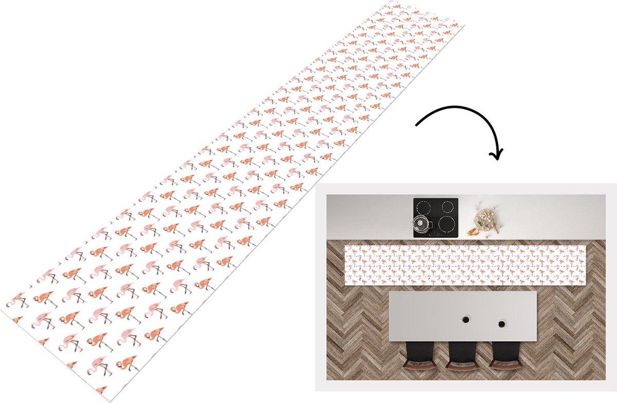 KitchenYeah Keukenloper - Loper keuken - Flamingo - Patroon - Roze - 300x50 cm - Keukenloper vinyl Multicolor