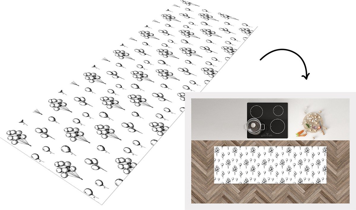 KitchenYeah Keukenloper - Loper keuken - Ballon - Patronen - Zwart Wit - 150x50 cm - Keukenloper vinyl Zwart; Wit