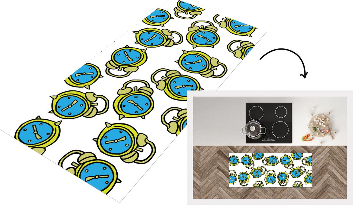 KitchenYeah Keukenloper - Loper keuken - Wekker - Patroon - Cartoon - Slapen - 120x50 cm - Keukenloper vinyl Multicolor