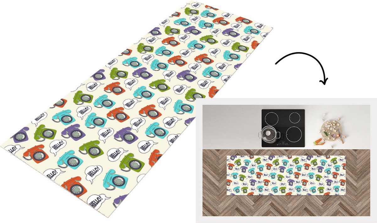 KitchenYeah Keukenloper - Loper keuken - Retro - Telefoon - Design - 180x60 cm - Keukenloper vinyl Multicolor