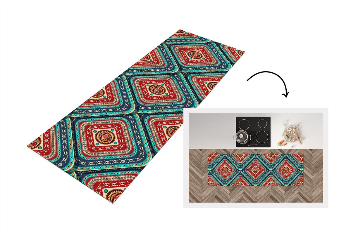 KitchenYeah Keukenloper - Loper keuken - Azteken - Patronen - Schedel - 150x50 cm - Keukenloper vinyl Multicolor