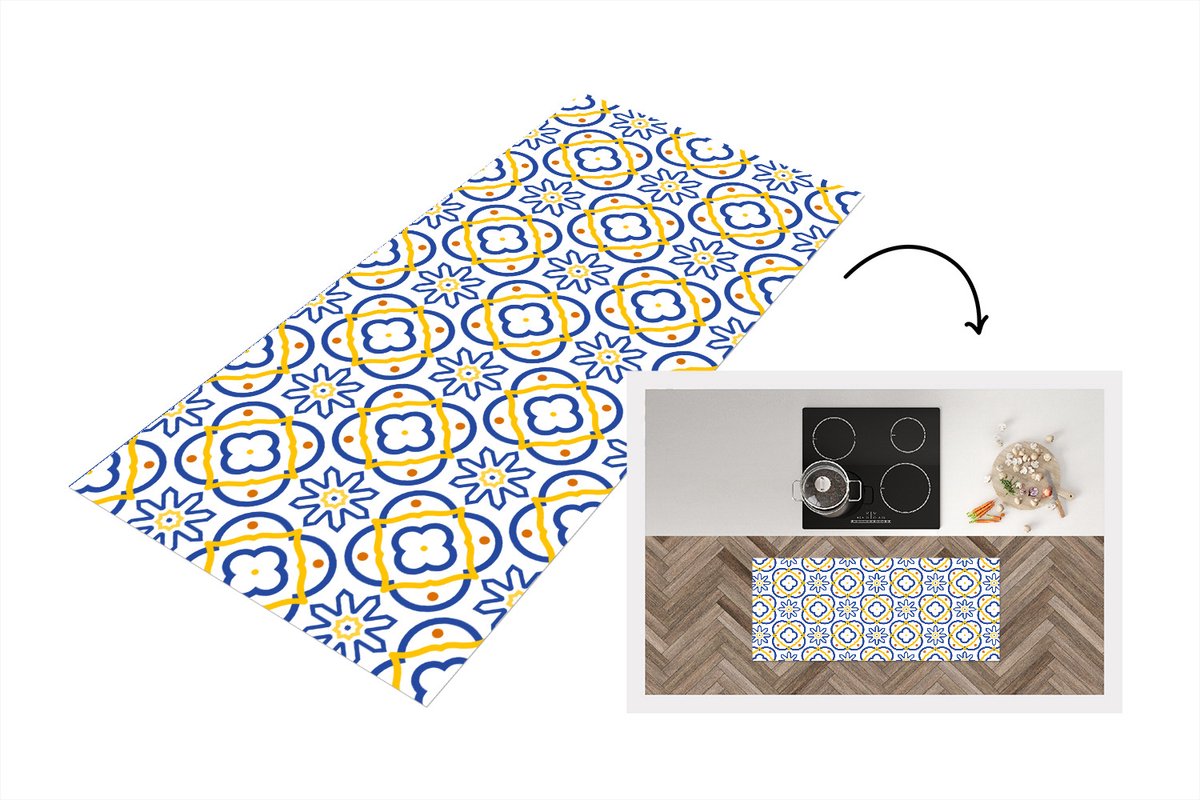KitchenYeah Keukenloper - Loper keuken - Bloem - Blauw - Geel - Tegels - Patronen - 120x50 cm - Keukenloper vinyl Multicolor