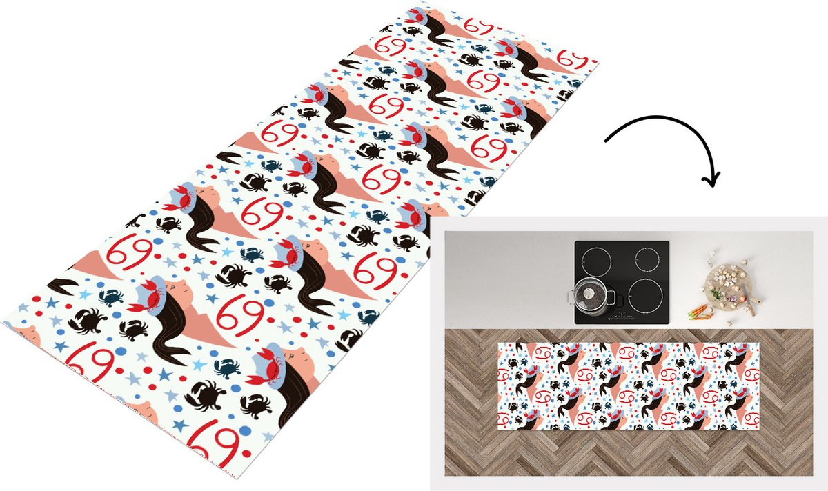 KitchenYeah Keukenloper - Loper keuken - Zodiac - Kreeft - Patroon - 150x50 cm - Keukenloper vinyl Multicolor