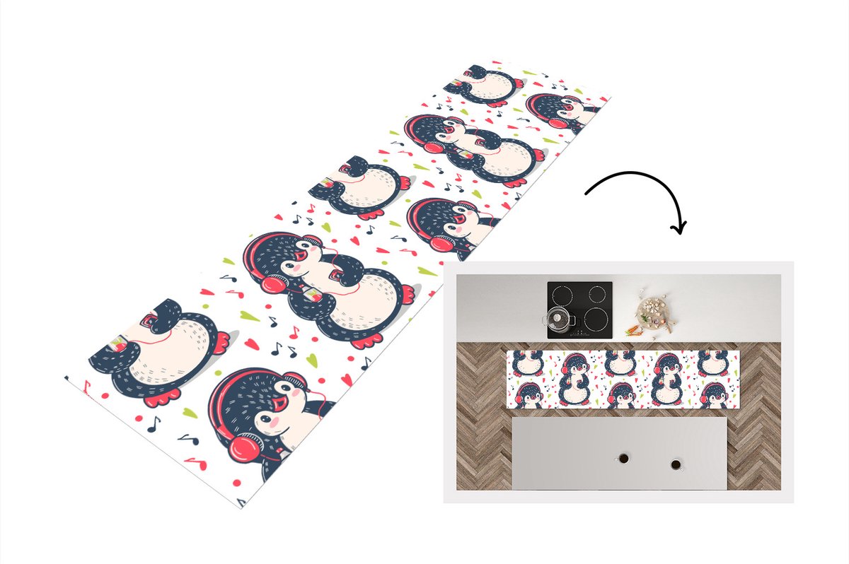 KitchenYeah Keukenloper - Loper keuken - Pinguïn - Muziek - Koptelefoon - Kinderen - Patroon - 240x60 cm - Keukenloper vinyl Multicolor