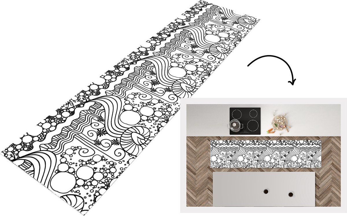 KitchenYeah Keukenloper - Loper keuken - Patronen - Abstract - Line Art - Zwart Wit - 200x50 cm - Keukenloper vinyl Zwart; Wit