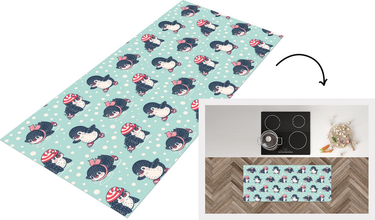 KitchenYeah Keukenloper - Loper keuken - Pinguïn - Schaatsen - Muts - Kinderen - Patroon - 120x50 cm - Keukenloper vinyl Multicolor