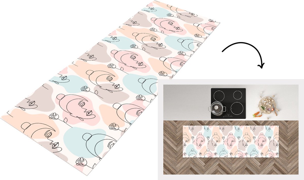 KitchenYeah Keukenloper - Loper keuken - Vrouw - Bloemen - Line Art - Pastel - Patroon - 150x50 cm - Keukenloper vinyl Multicolor