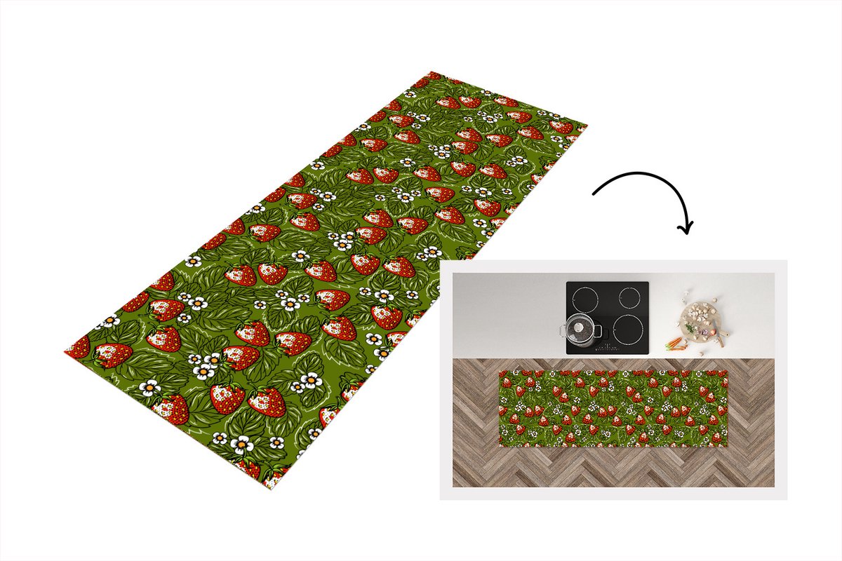 KitchenYeah Keukenloper - Loper keuken - Bloemen - Aardbei - Bladeren - Vegan - Patronen - 150x50 cm - Keukenloper vinyl Multicolor