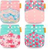Poppi Wasbare Luier - Aanpasbare Maat - Dubbele Anti-Lek - 4 stuks, 0-2 jaar, 3-15 kg - Roze, Blauw