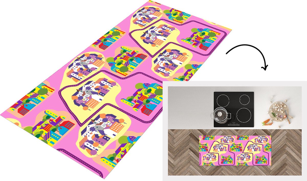 KitchenYeah Keukenloper - Loper keuken - Skyline - Patronen - Roze - 120x50 cm - Keukenloper vinyl Multicolor