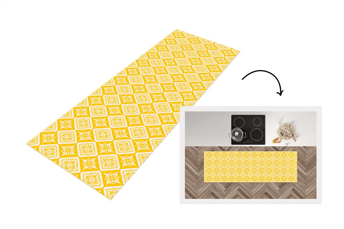 KitchenYeah Keukenloper - Loper keuken - Mozaïek - Vintage - Geel - Patronen - 150x50 cm - Keukenloper vinyl Multicolor