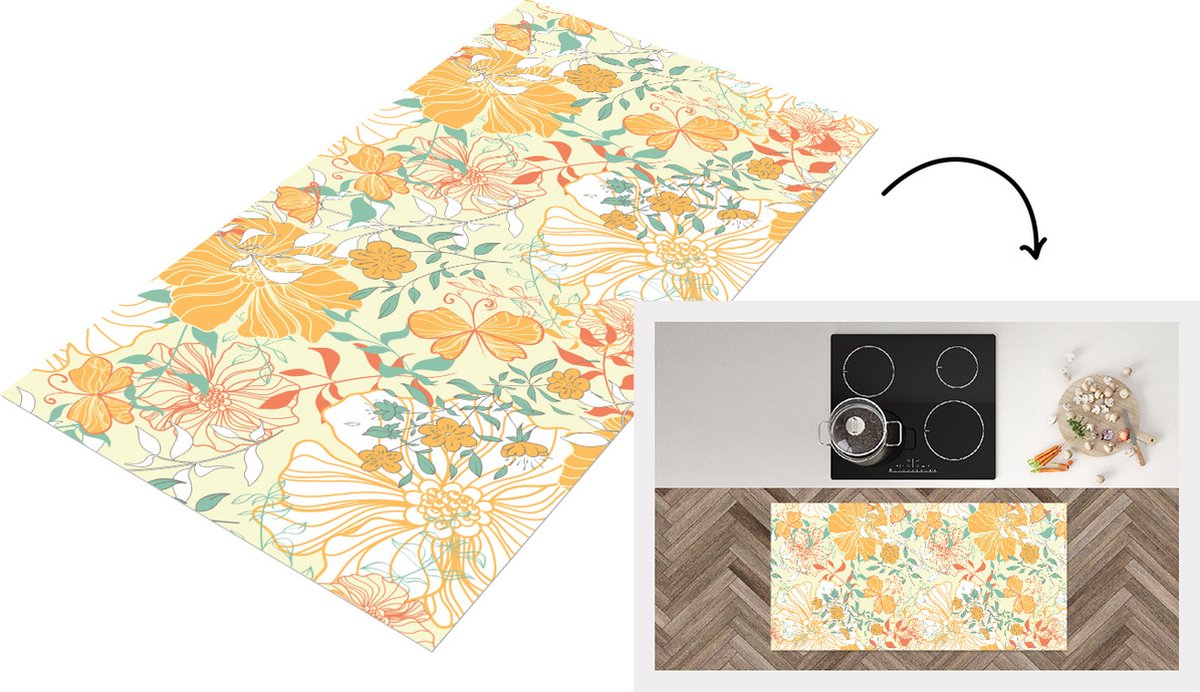 KitchenYeah Keukenloper - Loper keuken - Bloemen - Patronen - Vlinders - 120x60 cm - Keukenloper vinyl Multicolor