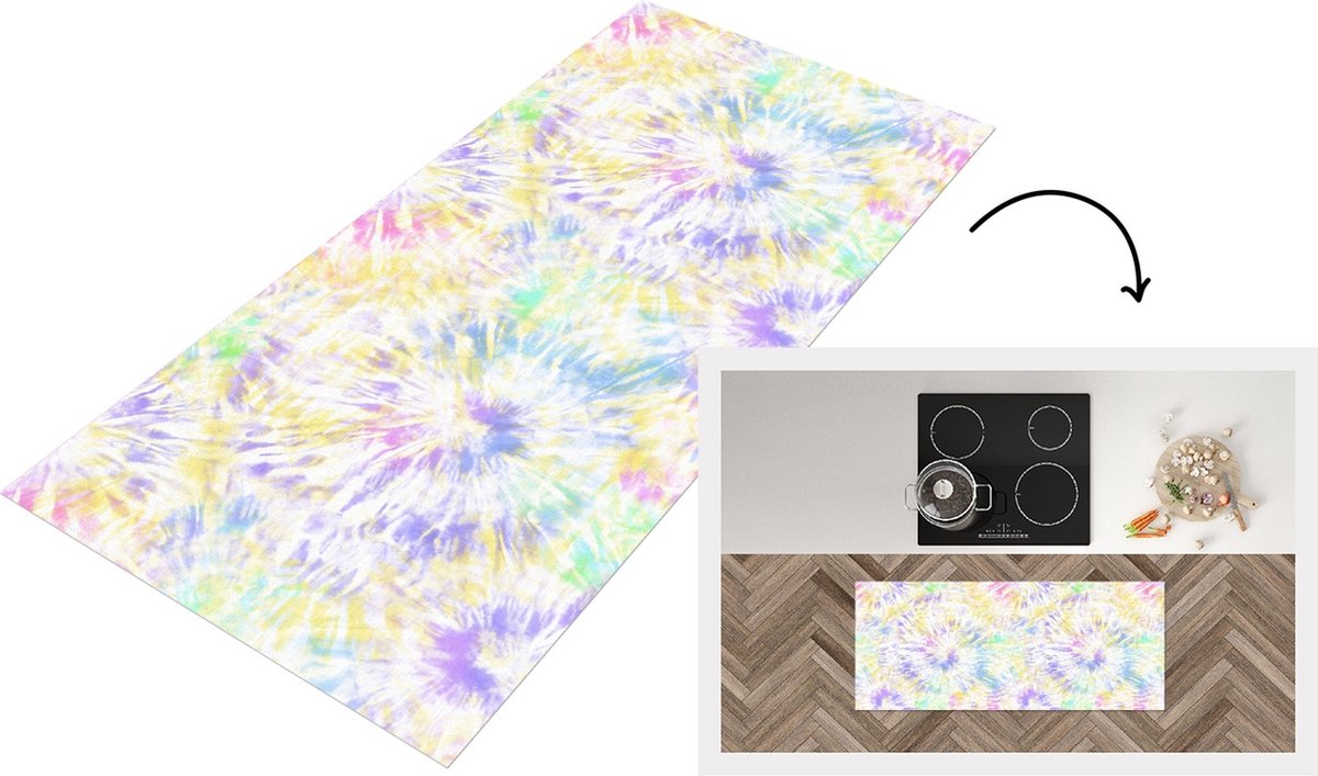 KitchenYeah Keukenloper - Loper keuken - Zomer - Patronen - Regenboog - Tie dye - 120x50 cm - Keukenloper vinyl Multicolor