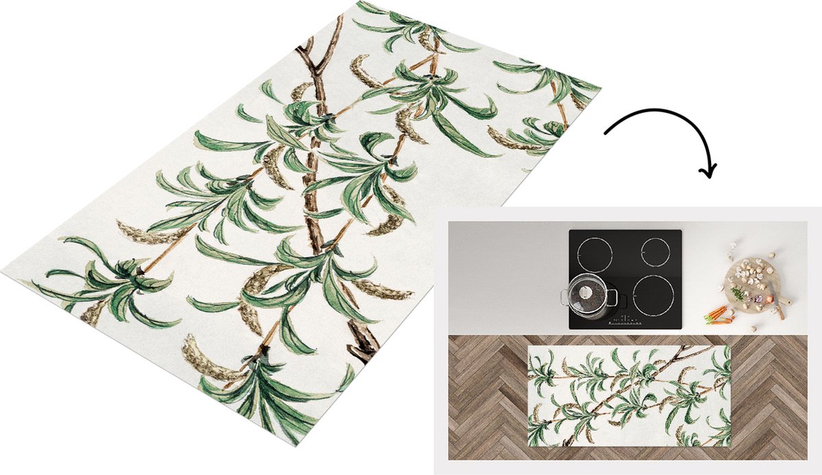 KitchenYeah Keukenloper - Loper keuken - Bladeren - Tak - Japandi - 120x60 cm - Keukenloper vinyl Multicolor