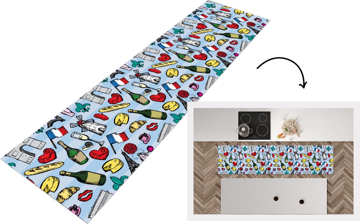 KitchenYeah Keukenloper - Loper keuken - Parijs - Patronen - Frankrijk - 200x50 cm - Keukenloper vinyl Multicolor