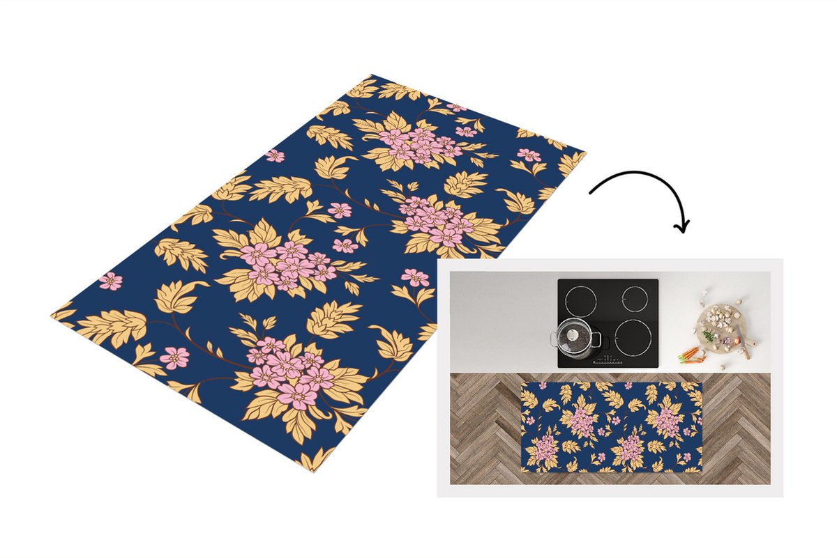 KitchenYeah Keukenloper - Loper keuken - Bloesem - Bladeren - Roze - Goud - Patronen - 120x60 cm - Keukenloper vinyl Multicolor