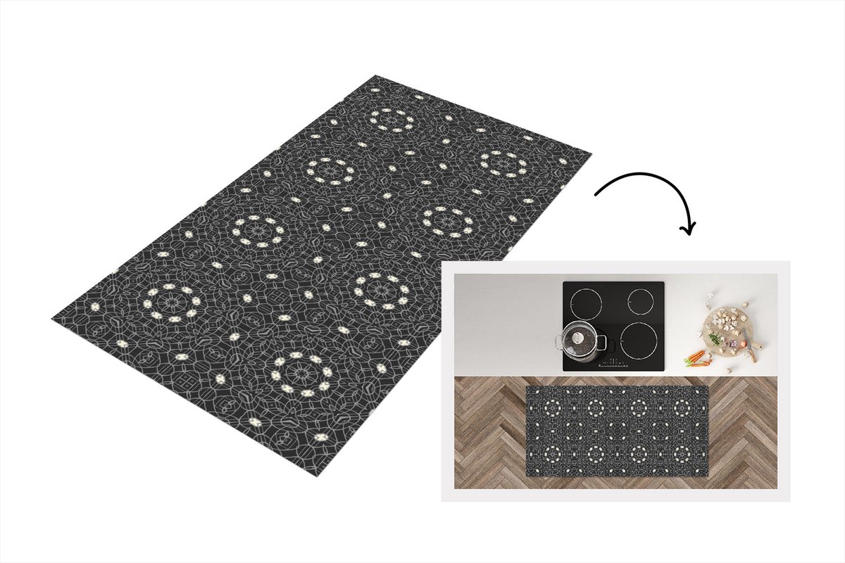KitchenYeah Keukenloper - Loper keuken - Patronen - Zwart Wit - Ornament - 120x60 cm - Keukenloper vinyl Zwart; Wit