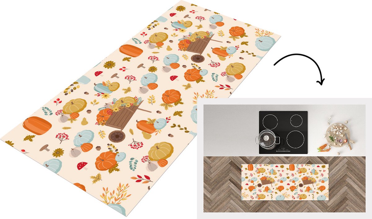KitchenYeah Keukenloper - Loper keuken - Pompoen - Paddelstoelen - Bloemen - Patronen - 120x50 cm - Keukenloper vinyl Multicolor