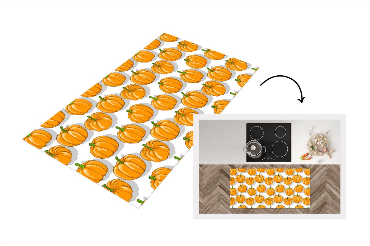 KitchenYeah Keukenloper - Loper keuken - Herfst - Pompoen - Patronen - 120x60 cm - Keukenloper vinyl Multicolor