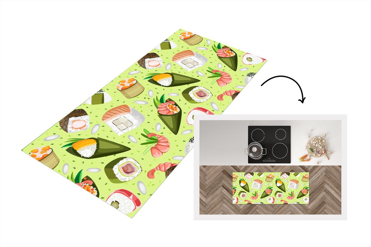 KitchenYeah Keukenloper - Loper keuken - Patronen - Sushi - Japan - Groen - 120x50 cm - Keukenloper vinyl Multicolor