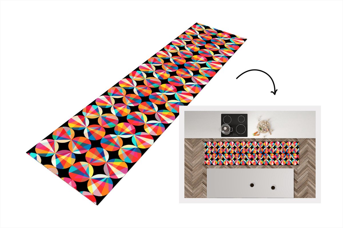 KitchenYeah Keukenloper - Loper keuken - Regenboog - Cirkels - Patronen - 200x50 cm - Keukenloper vinyl Multicolor