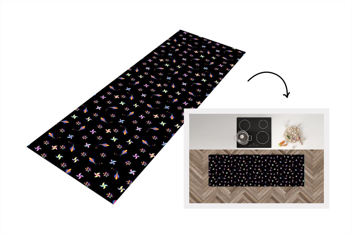 KitchenYeah Keukenloper - Loper keuken - Regenboog - Windmolen - Patroon - Kinderen - 150x50 cm - Keukenloper vinyl Multicolor