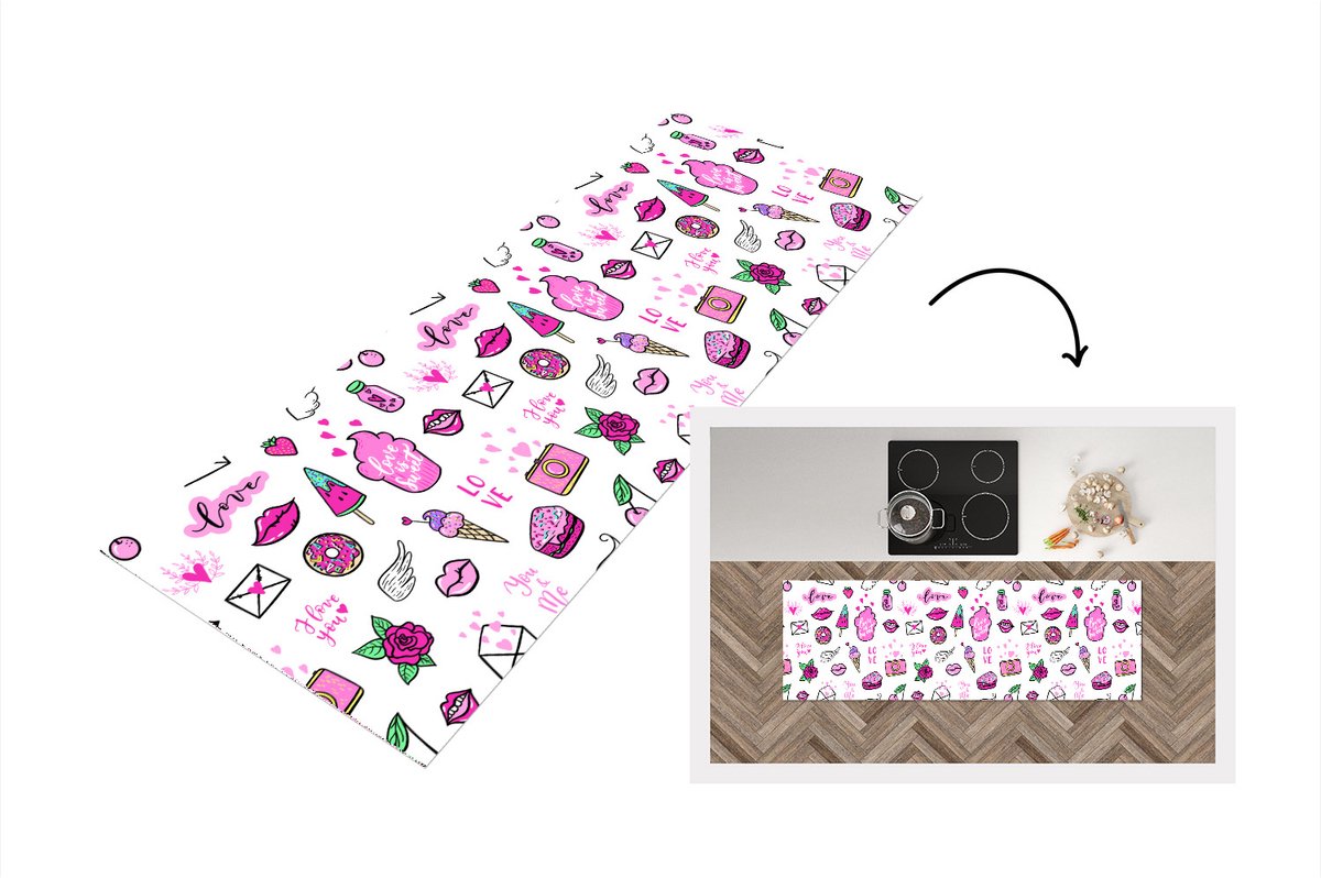 KitchenYeah Keukenloper - Loper keuken - Meiden - Liefde - IJs - Patronen - 180x60 cm - Keukenloper vinyl Multicolor