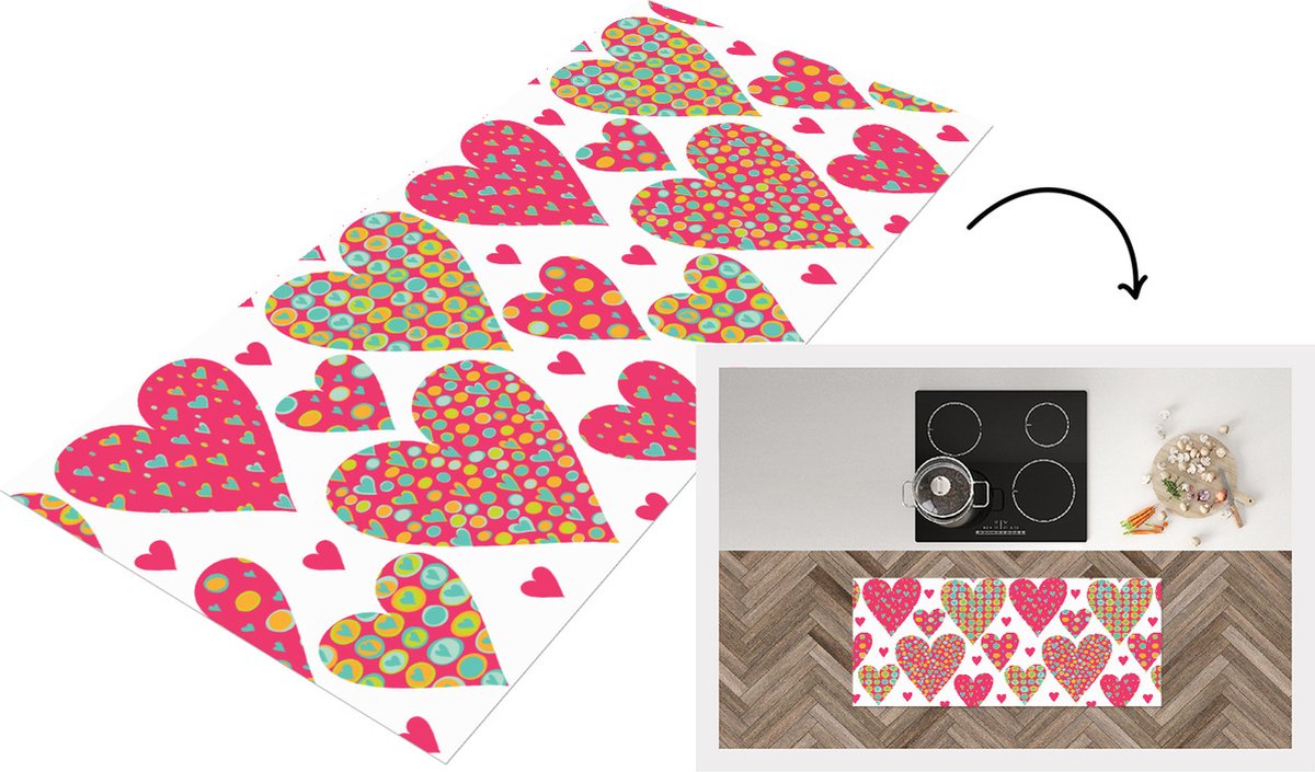 KitchenYeah Keukenloper - Loper keuken - Meisje - Hart - Love - Patronen - 120x50 cm - Keukenloper vinyl Multicolor
