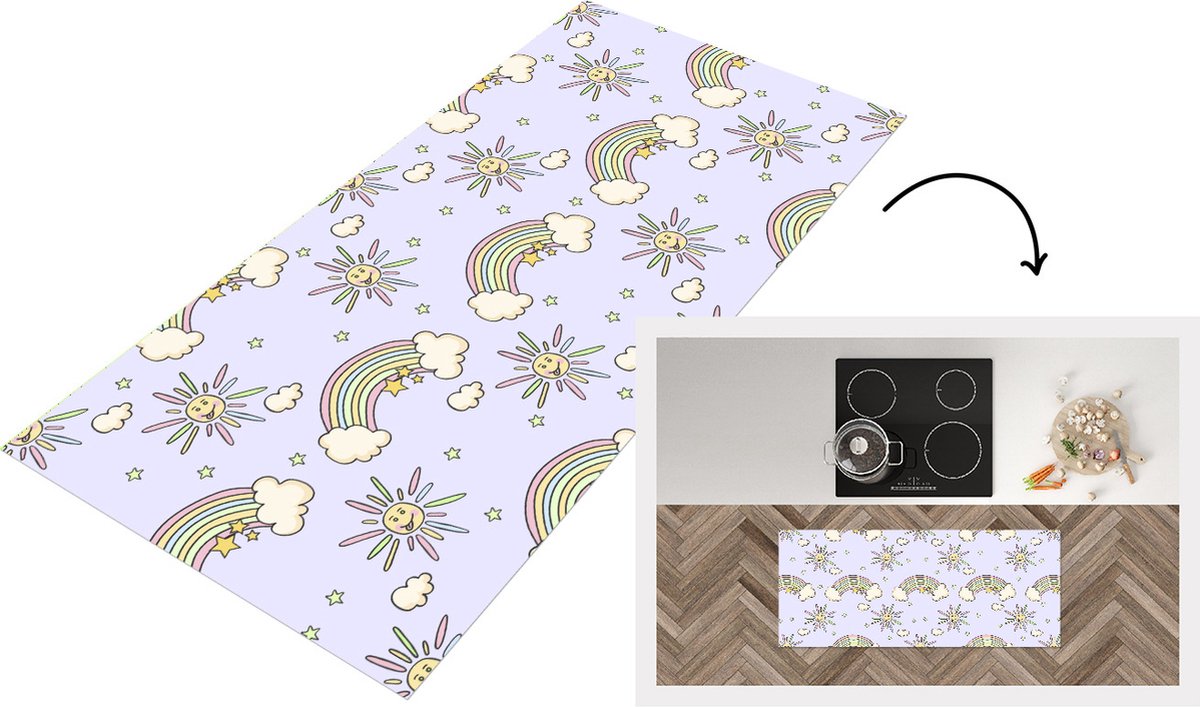 KitchenYeah Keukenloper - Loper keuken - Meisjes - Regenboog - Zon - Patronen - 120x50 cm - Keukenloper vinyl Multicolor