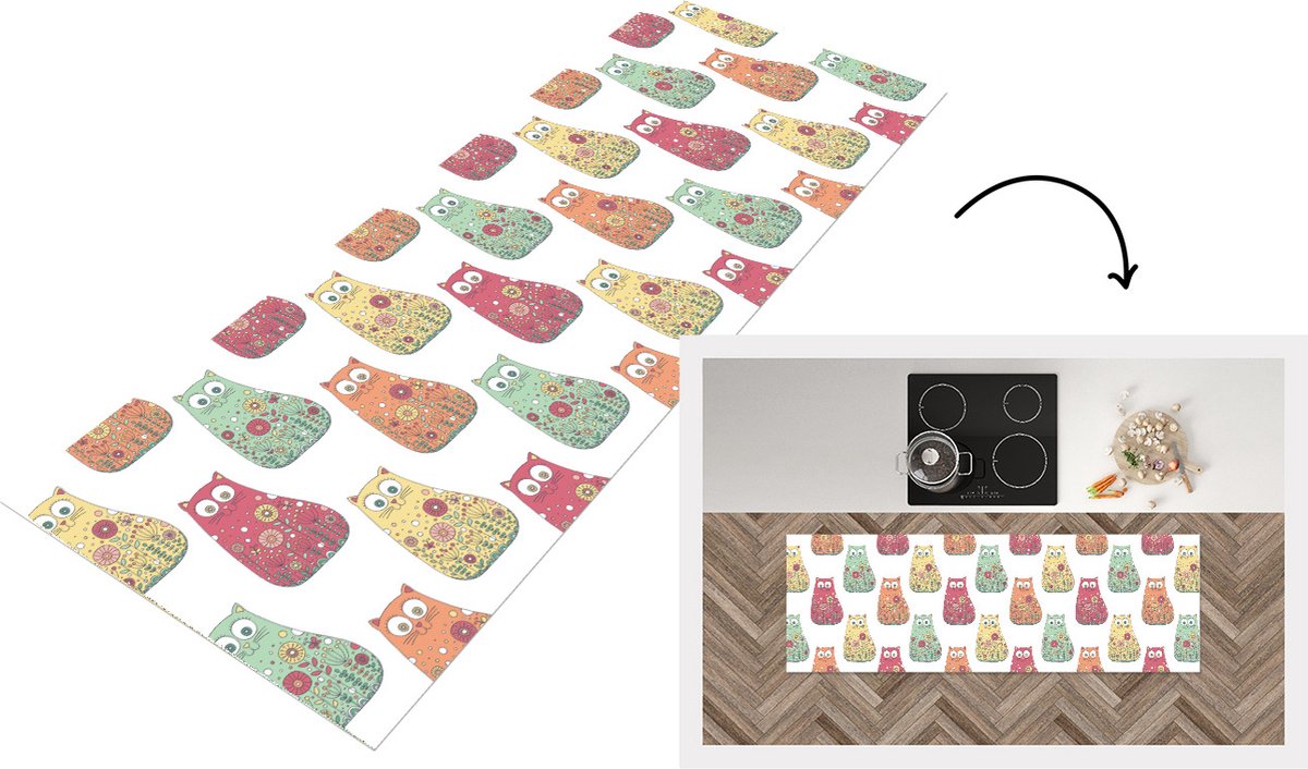KitchenYeah Keukenloper - Loper keuken - Meisjes - Kat - Bloemen - Patronen - 180x60 cm - Keukenloper vinyl Multicolor
