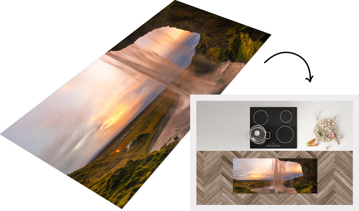 KitchenYeah Keukenloper - Loper keuken - Waterval - IJsland - Natuur - 120x50 cm - Keukenloper vinyl Multicolor