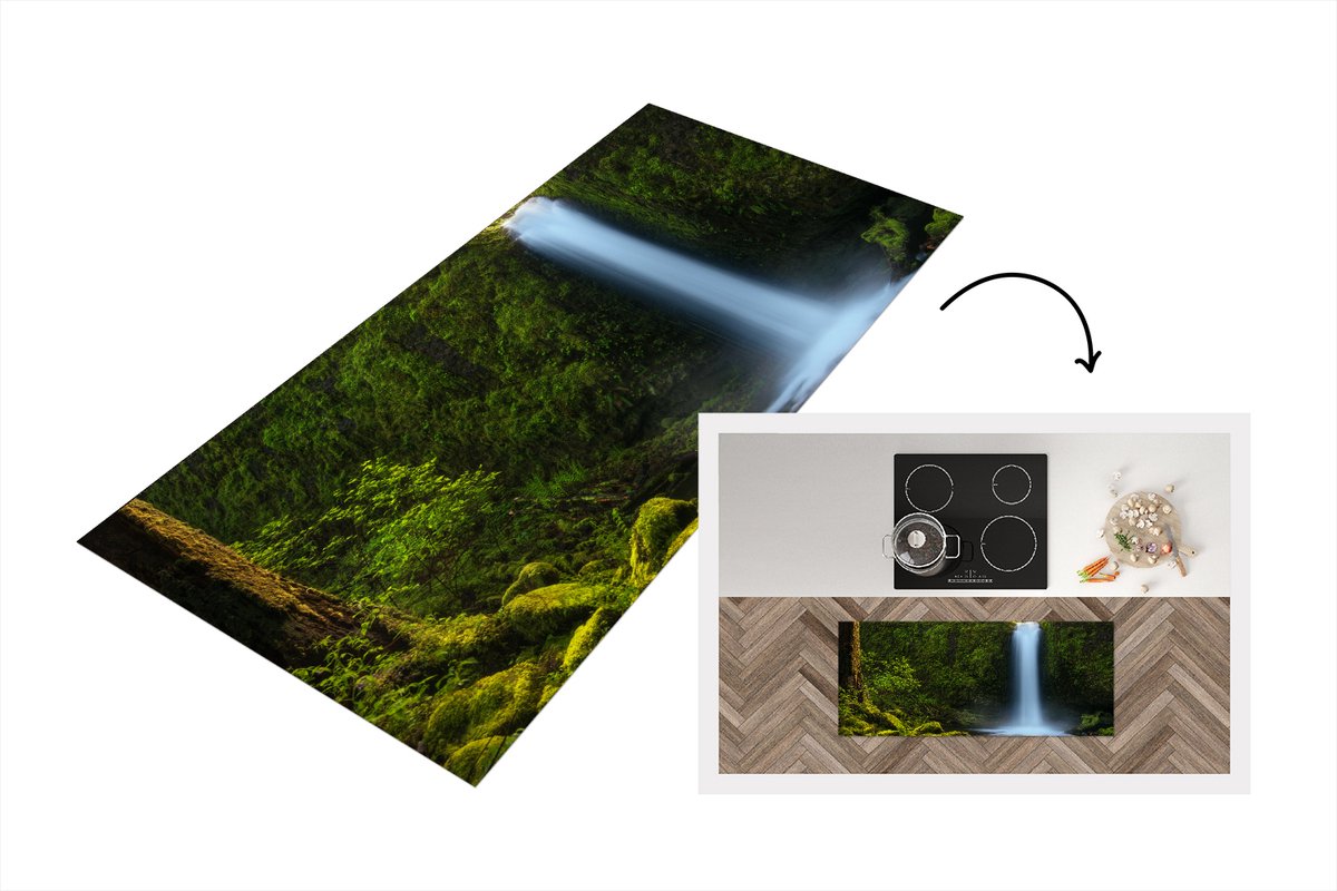 KitchenYeah Keukenloper - Loper keuken - Jungle - Waterval - Natuur - 120x50 cm - Keukenloper vinyl Multicolor
