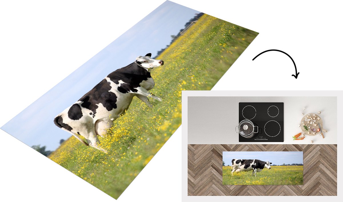 KitchenYeah Keukenloper - Loper keuken - Koe - Gras - Bloemen - 120x50 cm - Keukenloper vinyl Multicolor