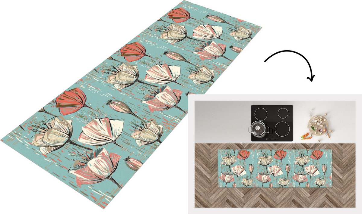 KitchenYeah Keukenloper - Loper keuken - Vintage - Bloem - Flora - 150x50 cm - Keukenloper vinyl Multicolor