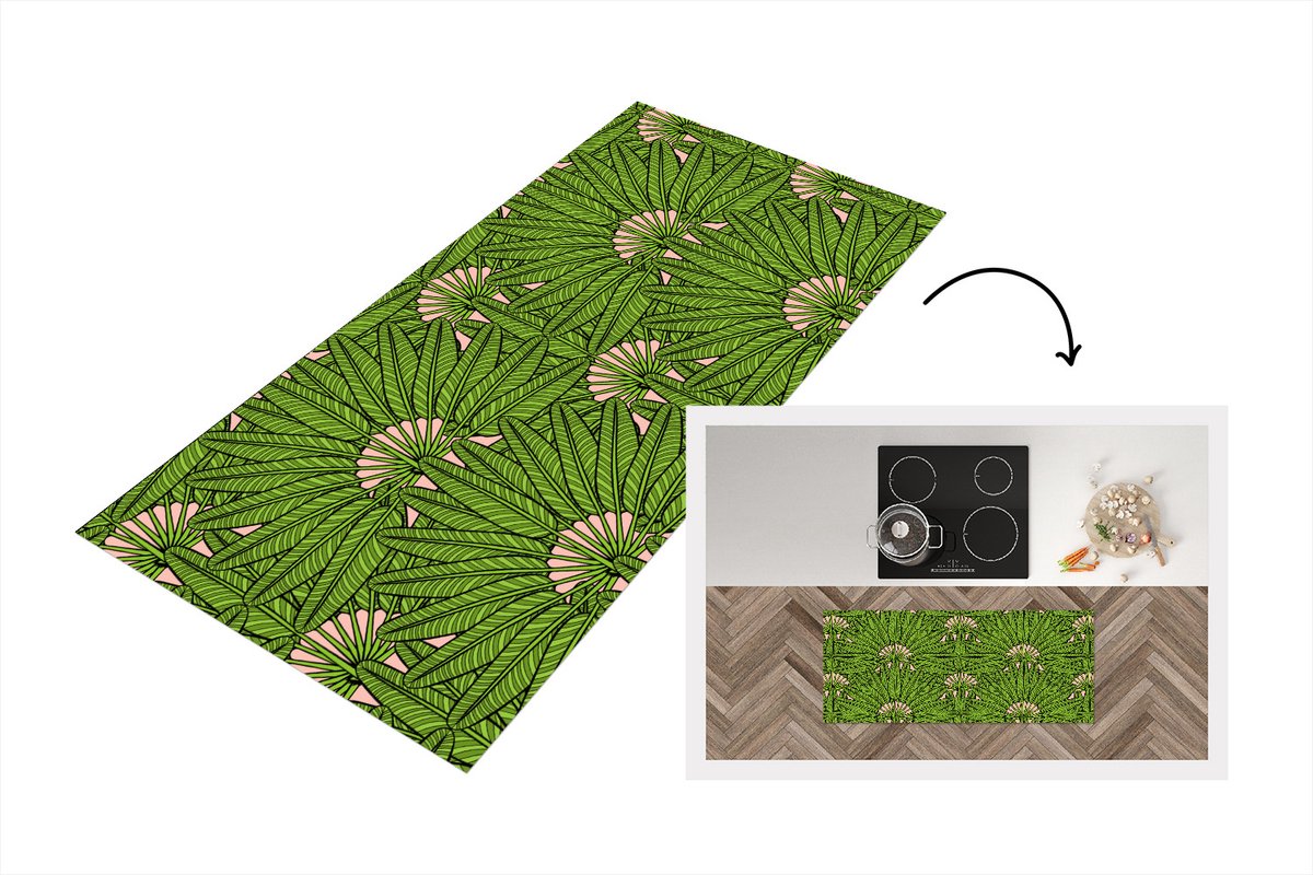 KitchenYeah Keukenloper - Loper keuken - Palmblad - Patronen - Jungle - Tropisch - 120x50 cm - Keukenloper vinyl Multicolor