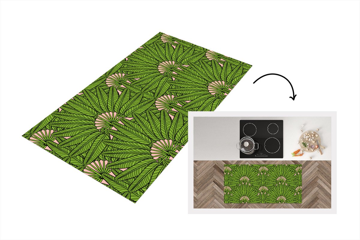 KitchenYeah Keukenloper - Loper keuken - Palmblad - Patronen - Jungle - Tropisch - 120x60 cm - Keukenloper vinyl Multicolor