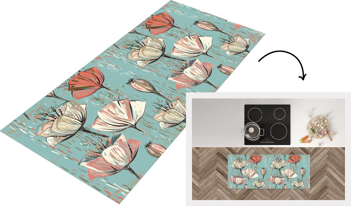 KitchenYeah Keukenloper - Loper keuken - Vintage - Bloem - Flora - 120x50 cm - Keukenloper vinyl Multicolor